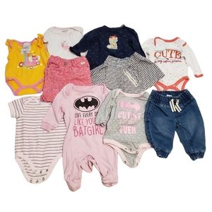 10 Piece Girls Lot Includes Batgirl Sleeper, Jeans, Onesies etc. Sz 0-3 Months
